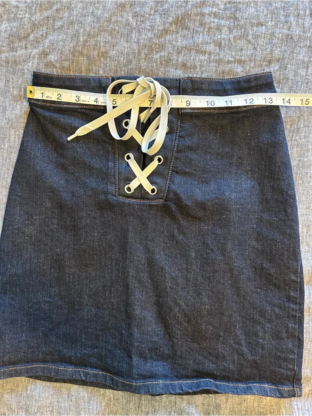 BLDWN Blue Denim Mini Skirt with White Lace-Up